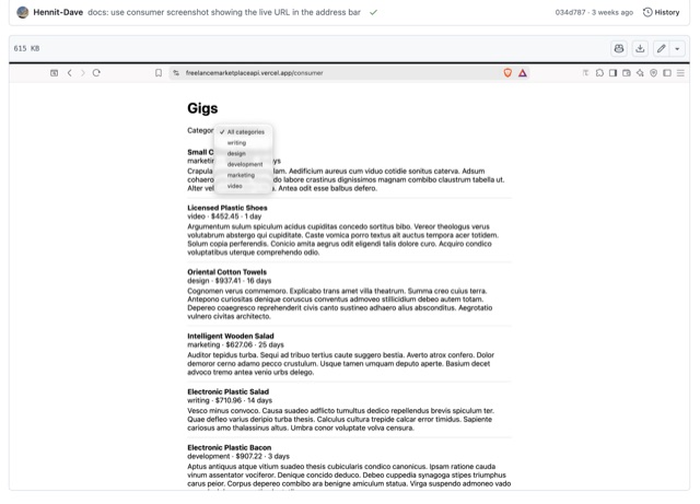 Gigs list with a category filter on the API's consumer page