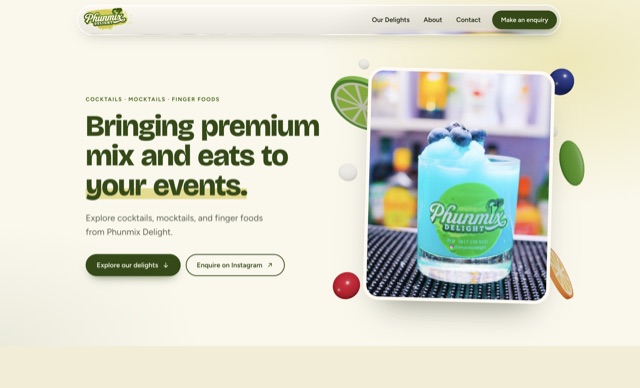 Phunmix Delight desktop homepage with a blue cocktail and enquiry links